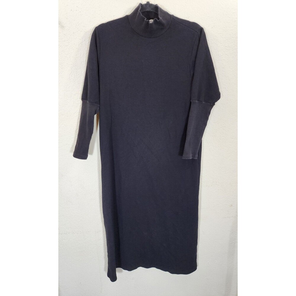 Story Dress Womens XS Black Waffle Knit Mock Neck Long Sleeve Midi Shift Stretch
